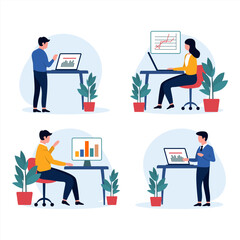 Flat Illustration of Employees Doing Business Analysis at Work