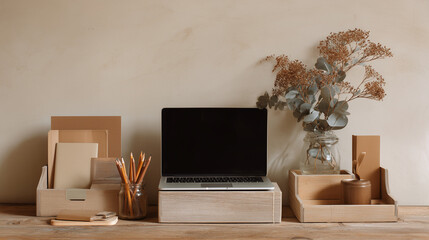 Rustic Workspace with Natural Decor and Stationery