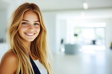 Smiling Blonde Woman Portrait Modern Office Background