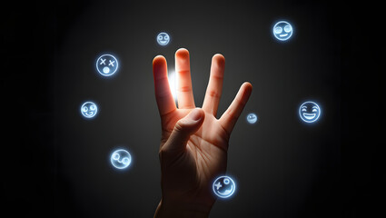 Hand Interacting with Glowing Emojis; Digital Mood, Abstract Concept, Technology Theme.