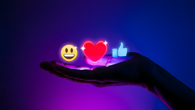 Neon Social Media Icons: Hand Holding Love, Like, and Smile Emojis in Vibrant Purple and Blue Light.
