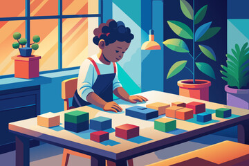 Toddler sorting colorful blocks at a table with focus