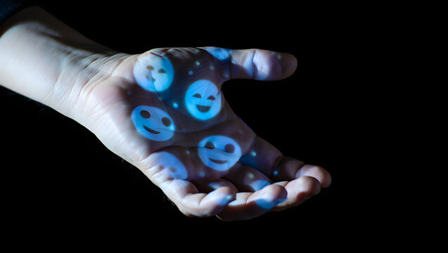 Hand Holding Glowing Blue Emojis; Abstract Digital Feedback Concept; Dark Background