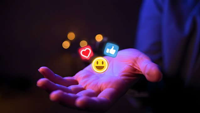 Neon Social Media Icons Hovering Above Open Hand; Futuristic, Abstract, Positive Mood - Powered by Adobe