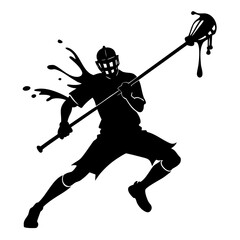 Obraz premium Silhouette of lacrosse player running with stick and helmet with paint splatter effect design art