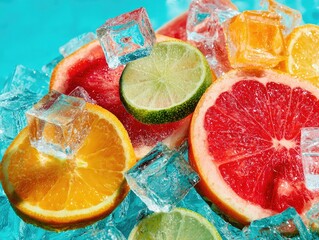 Colorful Citrus Fruits with Ice Cubes in Refreshing Display on Blue Background