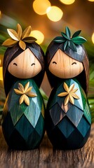 Two Kokeshi dolls stand together against blurred lights, showcasing dark hair and flower decorations on their heads.