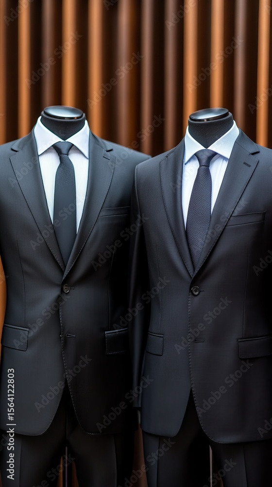 Poster two mannequins display dark suits with matching ties against a vertically lined brown backdrop.