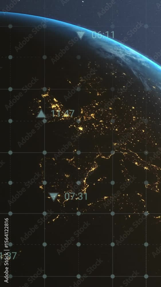 Poster animation of multiple digital icons over globe and light spot against blue background