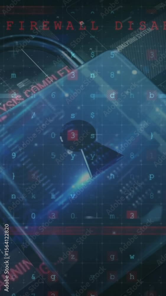 Poster animation of security padlock icon and cyber security data processing against black background