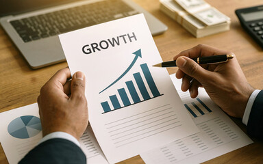 Close-up of hands holding a growth chart document in an office setting, analyzing financial data, business performance increase with bar graph upward trend, corporate finance strategy concept