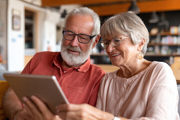 Grandparents enjoying a video call while using a tablet at home in the afternoon