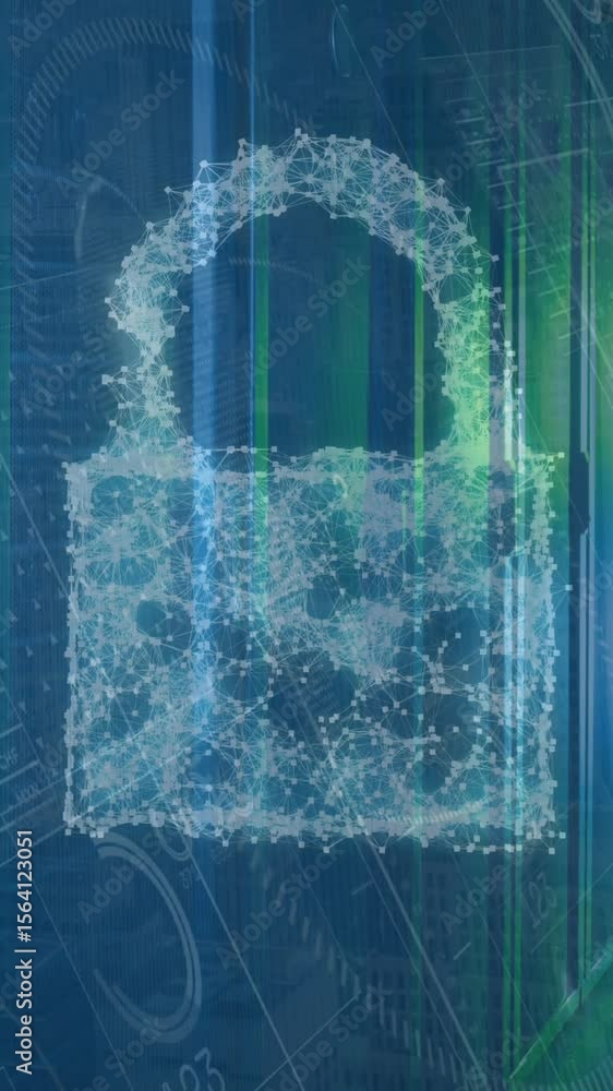 Poster animation of security padlock and cloud icon over statistical data processing against server room