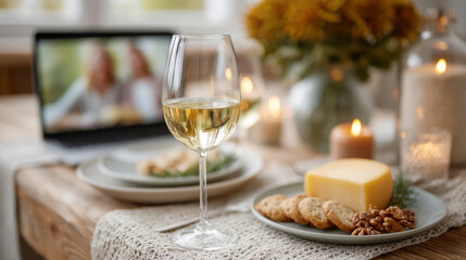 Cozy virtual gathering with snacks and wine on a relaxed evening setting