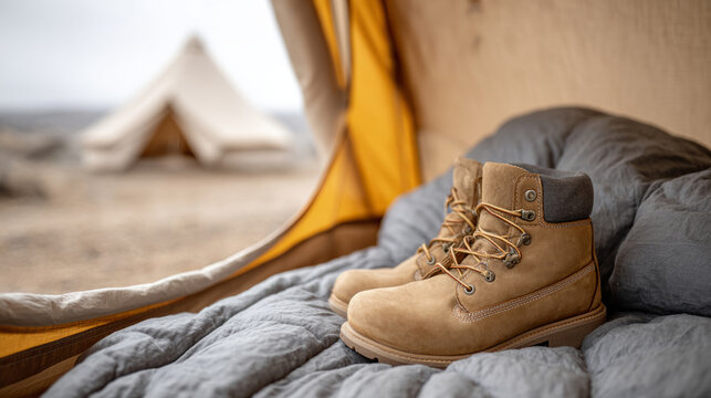 Camping boots inside tent with outdoor scenery