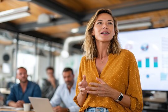 Founder delivers an engaging pitch to inspire the team during a strategy meeting in a modern office