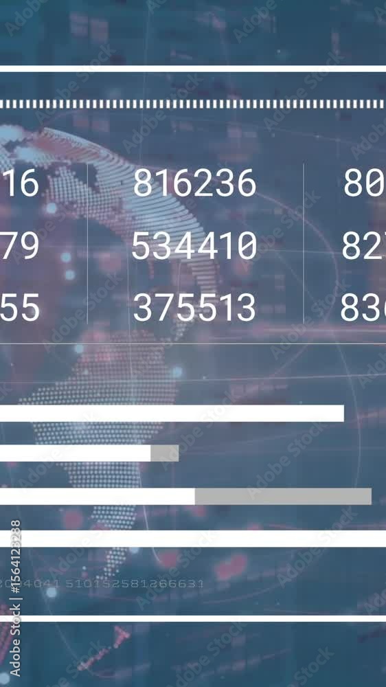 Poster animation of changing numbers, graphs, loading bar over bars and rotating globe