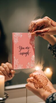 A hand with henna holds a pink card reading "You are enough" reflected in a mirror, surrounded by soft candlelight creating a calming, affirming atmosphere.