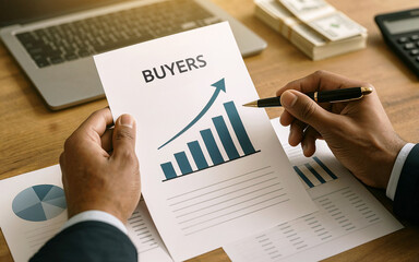 Businessman hands holding paper with buyers text and growth graph, analyzing financial data at office desk, laptop and documents around, investment analysis, market growth strategy in business concept
