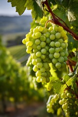 Green ripe grapes hanging from vine, sunlight illuminating clusters in vineyard landscape