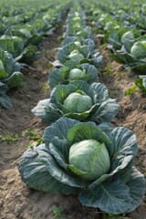 Green cabbage heads maturing in orderly agricultural rows, displaying lush vegetable growth across cultivated farmland