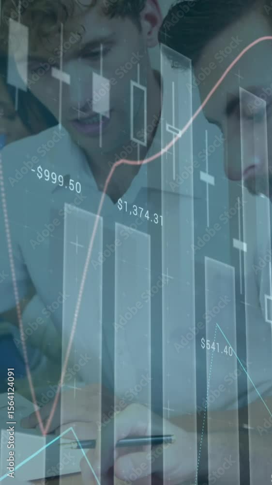 Poster animation of statistical data processing against two diverse men discussing at office