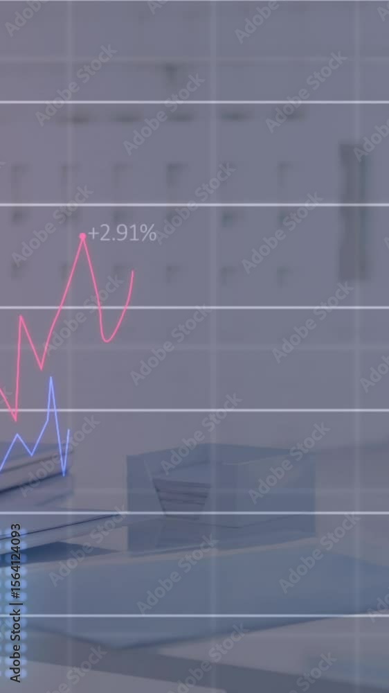 Poster animation of statistical data processing against view of a office desk