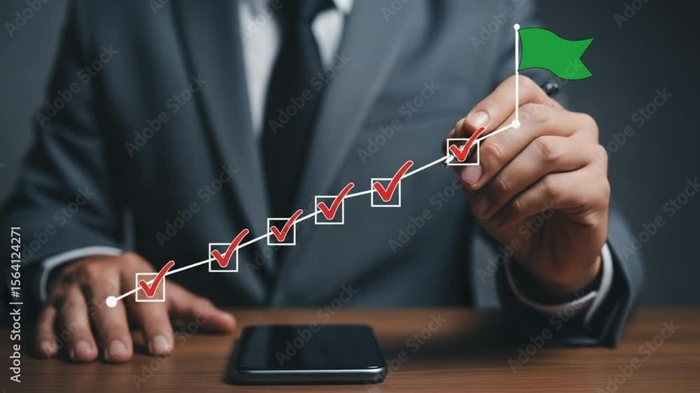 Poster a person in suit drawing check marks on a line leading to a green flag with a phone on the table