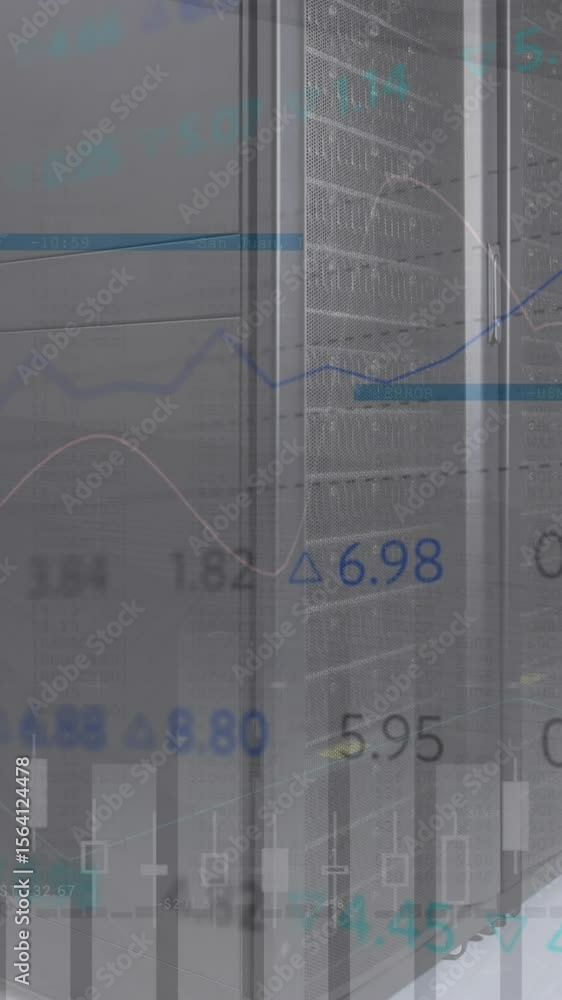 Poster animation of statistical and stock market against computer server room