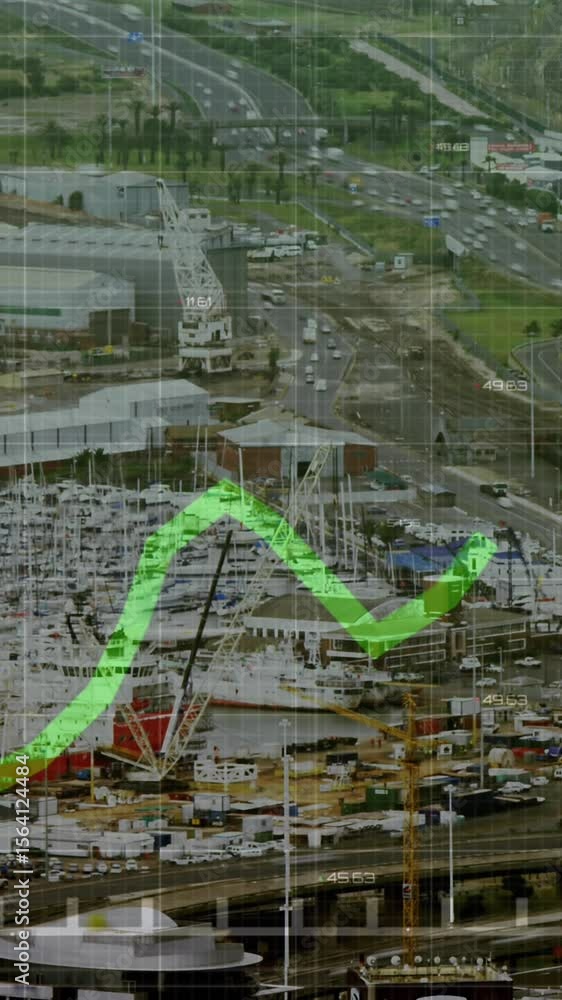 Aufkleber animation of statistical data processing against aerial view of time-lapse of city traffic