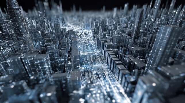 Abstract digital cityscape glowing network data flow visualization