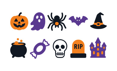 Halloween icons: pumpkin, ghost, spider, bat, witch hat, cauldron, candy, skull, tombstone, castle