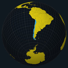 Republic of Chile on Globe. Country view on the world map in Charcoal Bright Yellow color palette. Chile shape on map. Globe with meridians, parallels, countries, rivers and lakes.