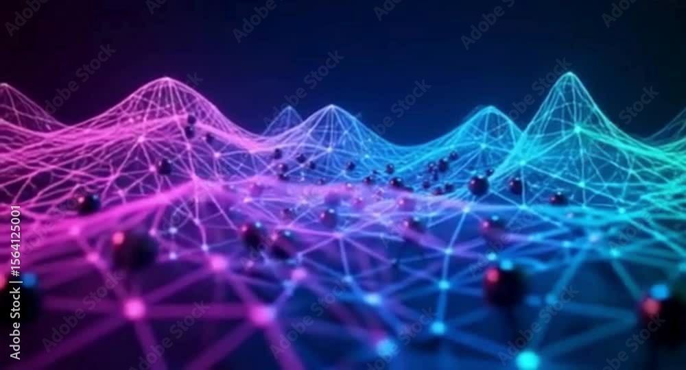 Poster abstract network of connected nodes with glowing lines and dark spheres illustration