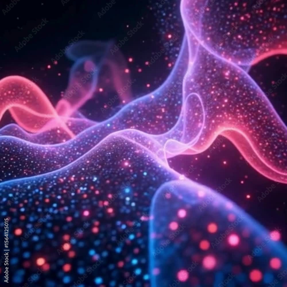 Poster abstract blue and pink glowing particle wave background with dark space and sparkles