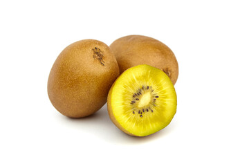 Gold kiwifruit with vibrant yellow flesh displayed on a clean white background, showcasing its...