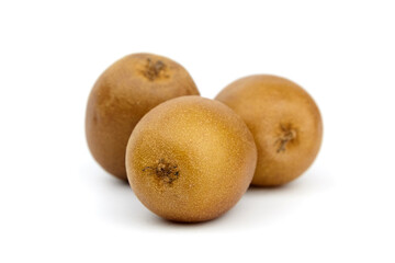 Three ripe golden kiwifruits arranged closely on a white background, showcasing their smooth texture and vibrant color, ideal for fresh produce displays and healthy eating concepts