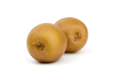 Two ripe golden kiwifruits with smooth skin and a slightly fuzzy texture, arranged on a clean white background, showcasing their natural beauty and freshness for culinary use