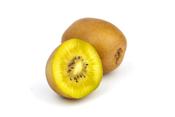 Gold kiwifruit with vibrant yellow flesh displayed on a clean white background, showcasing its...