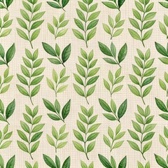 Minimal Green Leaves Pattern on Off White Linen