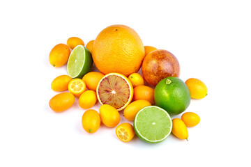Vibrant assortment of citrus fruits including oranges, limes, and kumquats arranged artistically on a white background showcasing freshness and natural colors for culinary inspiration
