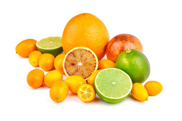 Assorted citrus fruits including oranges, limes, and lemons arranged artistically on a white background, showcasing vibrant colors and textures for culinary inspiration and healthy eating