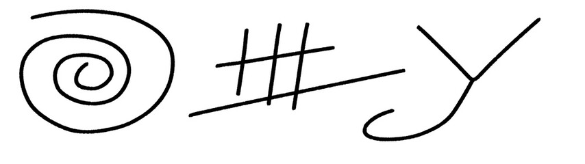 Abstract Black Line Art Featuring a Spiral, Hash Marks, and a Stylized Y Shape on a Transparent Background, Ideal for Creative Projects and Designs