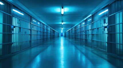 Empty jail corridor at night