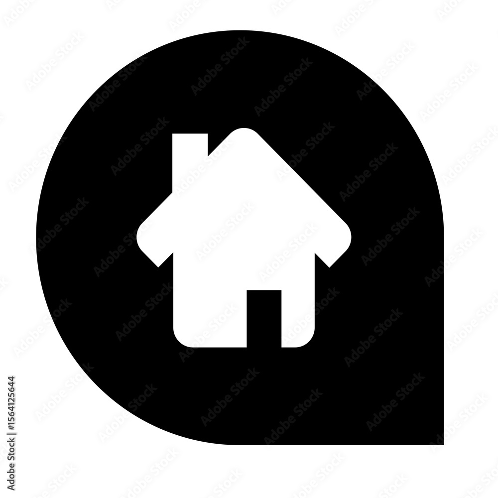 Poster sleek black home icon in speech bubble on transparent backdrop, representing location and navigation