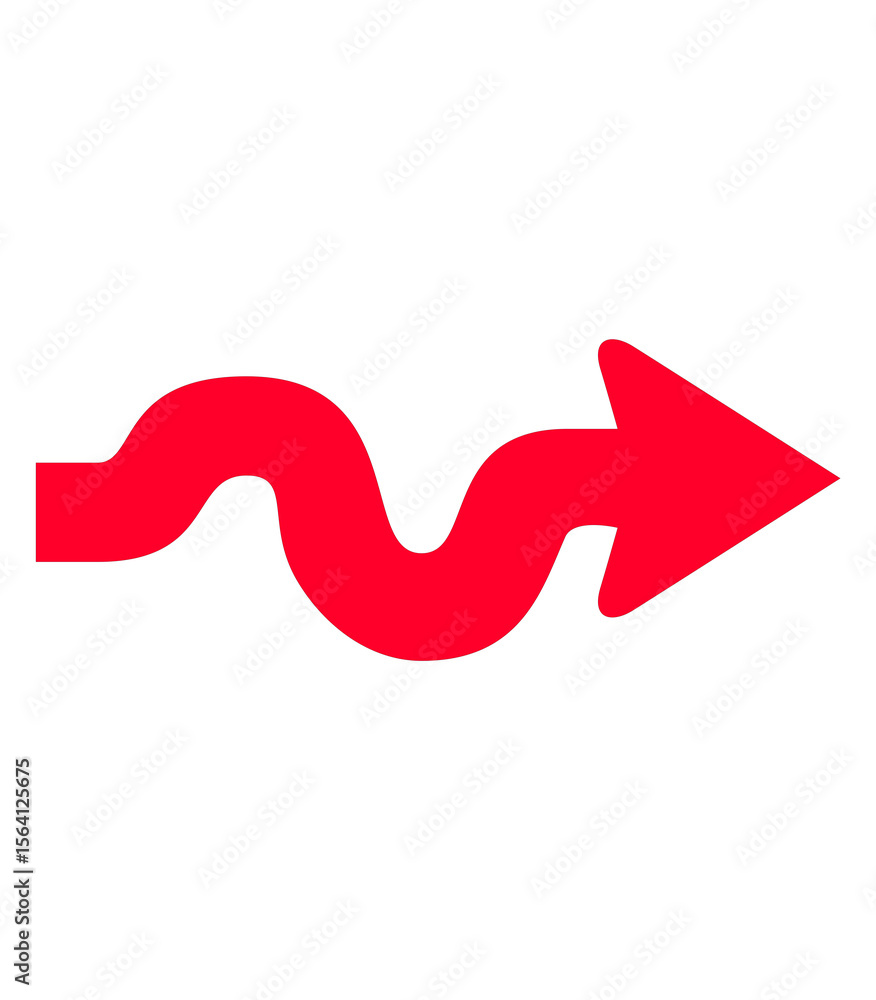 Poster wavy red arrow pointing right on transparent backdrop, guiding direction with a playful twist, signi