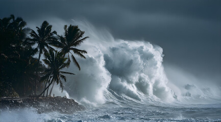 Powerful ocean wave crashing near palm trees on rocky coastline. Stormy seascape with immense water spray. Nature might danger.