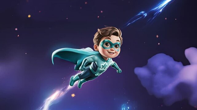 Adorable 3d animation of a cartoon superhero toddler boy wearing an aqua colored cape flying against a cosmic background