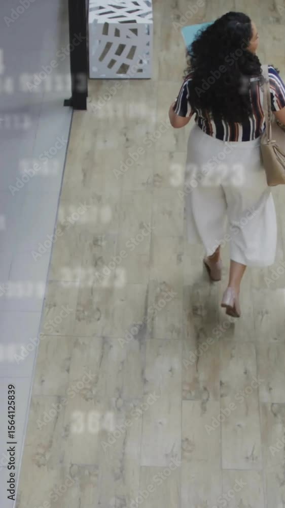 Poster animation of data processing over diverse business people walking and discussing work