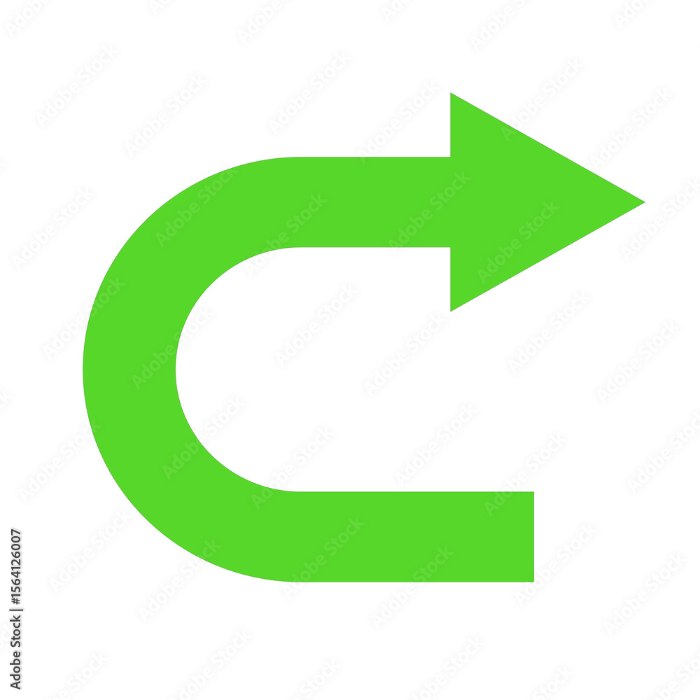 Poster vibrant green curved arrow icon on transparent backdrop indicating direction, progress, and navigati